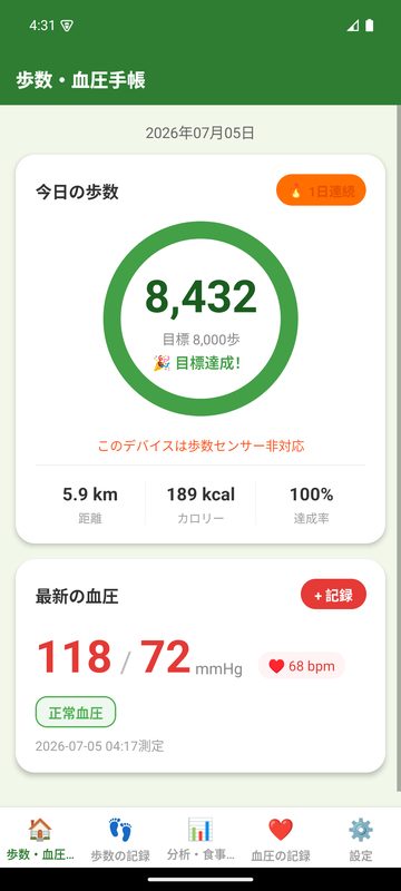 歩数・血圧手帳のホーム画面